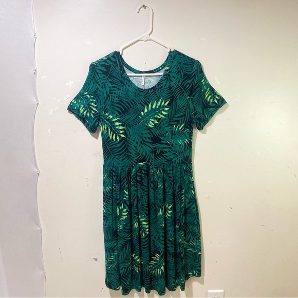 Longyuan Women's Medium Green Leaf Pattern Short Sleeve Mini Dress - Picture 1 of 14